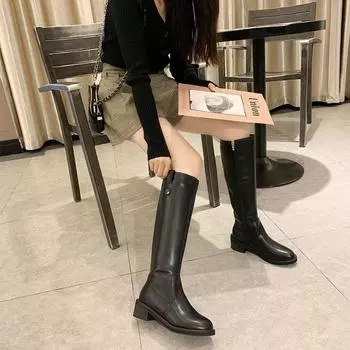 Knee High Shaft Shoes Woman Leather Round Toe Long Boots for Women Black Designer Luxury Footwear Winter 2024 Novelty New Rock 35