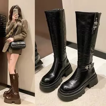 Knee-high Square Heel Modern Boots Winter Round Toe Women s Shoes on Sale 2024 New High Heel Solid Platform Women s Boots 35 чёрный