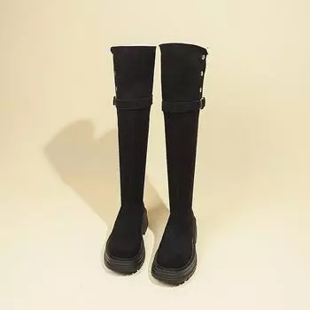 Knee-high Square Heel Modern Boots Winter Slip-on Round Toe Shoes Female 2024 Hot Sale Mid Heel Buckle Novelty Women s Boots 35 хаки