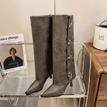 Высокие ботфорты на тонком каблуке, современные шлепанцы, весенне-осенние слипоны, женская обувь на распродаже, новые остроносые панк женские ботинки 35