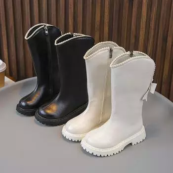 Knee Length Cool Shapes Children Shoes Kids Boots Autumn Winter Fashion High Top Student Shoes Girls Sneakers with Bow 31 бежевый