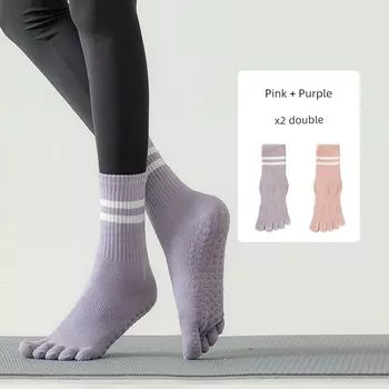 Knee Socks Yoga Socks Spring and Summer Pilates Socks Professional Non Slip Female Five Finger Toe Socks Dance Floor Fitness Socks Purple + pink [2 pairs]](Free size 35-39])