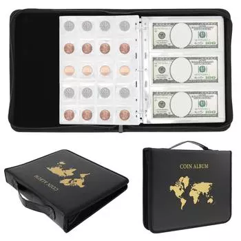 Книга для хранения 200 монет, 30 карманов для бумажных денег, большой вместительный альбом для коллекции памятных монет, папка-держатель чёрный