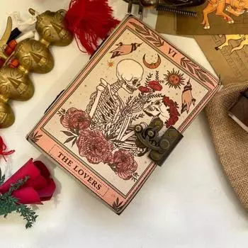 Книга заклинаний Гримуар Печатный журнал Влюбленные Таро Блокнот Спиральный готический блокнот Череп Любовник Антикварные журналы подарки для мужчин или женщин 7 x 5 in