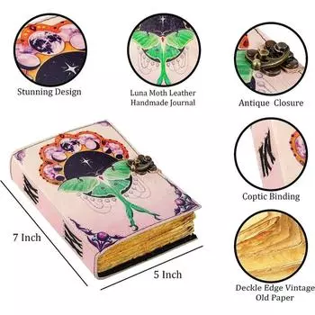 Книга заклинаний теней. Винтажный журнал в кожаном переплете, антикварная книга ведьмы Луны Мотылька. 7 x 5 in