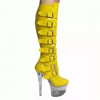 Knight boots round head summer high tube blue buckle women s self-inspection adhesive fashion boots 17CM super high heel 34 жёлтый