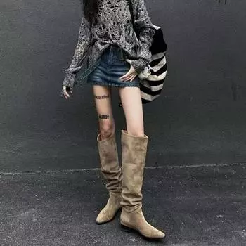 Knight boots women s 2024 thick heel autumn and winter western boots tall thin retro thin pleated piled boots long boots 35 хаки