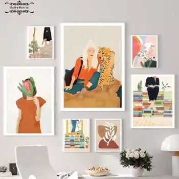 Книги иллюстрации тропическая монстера девушка гепард бохо настенная живопись холст живопись плакат и принты картинки для декора гостиной 21*30cm