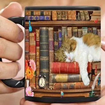 Книголюбы Книжная полка Керамическая кофейная кружка Кошка Чашка для воды Кошка Библиотека Книжная полка 350ml