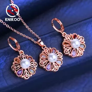 KNIKOO Цветочные ювелирные наборы Цепочки и ожерелья Серьги-клипсы для женщин Цирконий Модное цветочное ожерелье Серьги-капли Наборы ювелирных изделий A