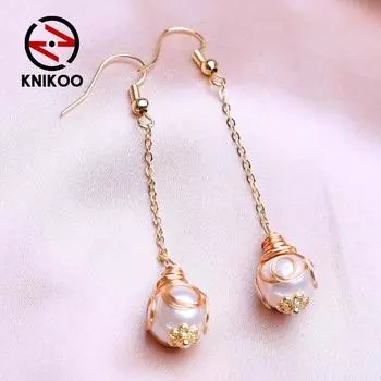 KNIKOO длинные серьги-капли для женщин, модные серьги с натуральным пресноводным жемчугом, ювелирные изделия для свадебной вечеринки, подарки золотой