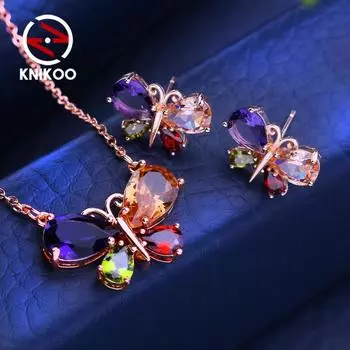 KNIKOO комплекты ювелирных изделий с бабочками, ожерелье, серьги для женщин с кубическим цирконием, модное ожерелье с бабочкой, серьги, комплекты ювелирных изделий A