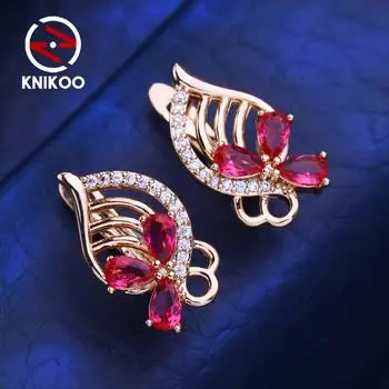KNIKOO красные серьги-клипсы для женщин с кубическим цирконием, модные серьги-гвоздики в виде листьев, ювелирные изделия для свадебной вечеринки, подарки A