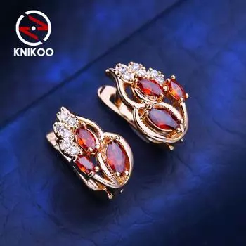KNIKOO красные серьги-клипсы для женщин с кубическим цирконием, модные серьги-гвоздики в виде листьев, ювелирные изделия для свадебной вечеринки, подарки A