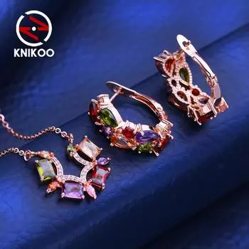 KNIKOO ожерелье серьги-клипсы комплекты ювелирных изделий для женщин с кубическим цирконием модное цветочное ожерелье серьги-кольца комплекты ювелирных изделий A