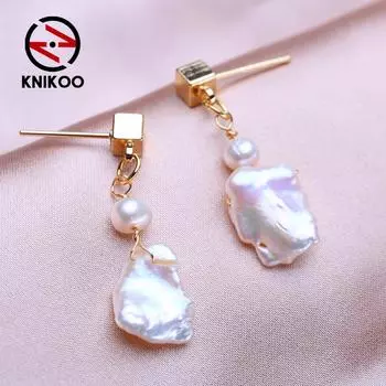 KNIKOO серьги-подвески для женщин, модные серьги с натуральным пресноводным жемчугом, ювелирные изделия для подарков на свадьбу золотой