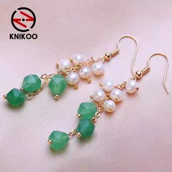 KNIKOO зеленые серьги-капли для женщин, модные серьги с натуральным пресноводным жемчугом, ювелирные изделия для свадебной вечеринки, подарки золотой