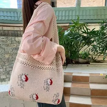 Вязаная сумка в стиле ретро, сетчатая сумка с выемкой, высококачественная сумка через плечо Sense, плетеная сумка Niche, большая вместительная сумка абрикосовый
