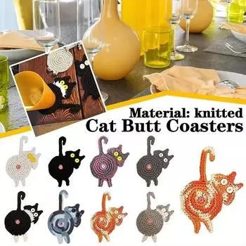 Knit Cup Coaster Cute Animal Coffee Mug Mat Table Placemat Heat Insulation Cat Butt Dining Mat Home Kitchen Decoration Pot Pad 15 10cm