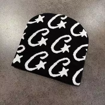 Knit Hat Trendy With Star Print Embroidery Design For Cold Weather Accessory BlackWhite Text
