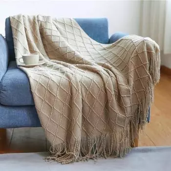 Knit Plaid Blanket With Tassel Super Soft Bohemia Throw Blanket for Bed Sofa Cover Bedspread Decor Blankets 14 Colors 127X180cm хаки
