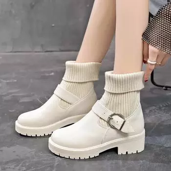 Knit Socks Boots for Women Wool Elastic Mouth Designer Short Boots Fashion Ladies Casual Shoes Leather Women s Platform Boots 35