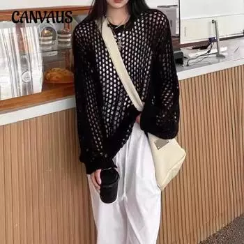 Вязаный свитер Hollow Sunscreen Женская свободная шикарная блузка с длинным рукавом Топ One Size чёрный