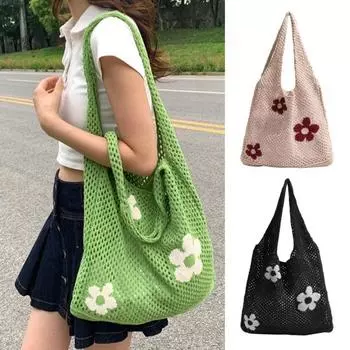 Knitted Beach Bag Hollow Woven Shoulder Bag Flower Pattern Shoulder Tote Bag чёрный
