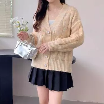 Вязаный кардиган женский весна-осень новый стиль длинный рукав свободный узорчатый модный свитер куртка выглядит стройнее one size синий