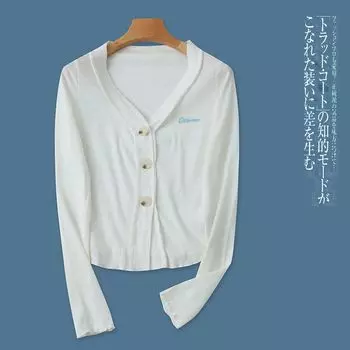 Knitted Cotton Cardigan Spring and Autumn New Women s Clothes Younger Fashion Slim Fit V Neck Single-Breasted Long Sleeve Slimming Thin 27917 White C- 4-12-4 M