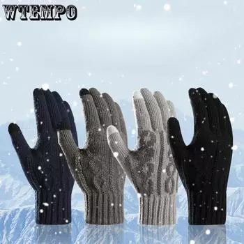 Knitted Gloves for Men Autumn and Winter Jacquard Split Finger Yarn Gloves with Thick Velvet and Warm Touch Screen Gloves One size чёрный