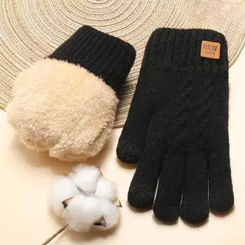 Knitted Gloves for Women In Winter Double Layer Plus Velvet Thickened Cold and Warm Cycling Outdoor Touch Screen Gloves average size