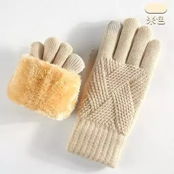 Knitted Gloves Men s and Women s Winter Double-layer Velvet Thickened Outdoor Riding Warm Solid Color Touch Screen Gloves One Size