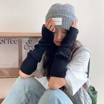 Knitted Half-finger Warm Gloves With Pile Wool Arm Sleeves One Size чёрный