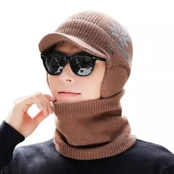 Вязаная мужская зимняя шапка с цветочным узором и шарфом чёрный