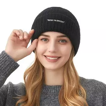 Knitted Hat Women s Autumn Winter Wool Hat Solid Color Pullover Cap чёрный