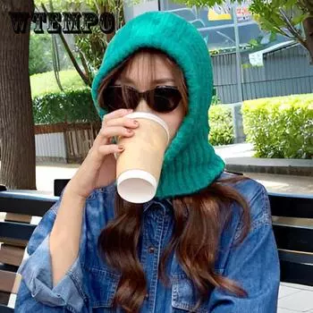 Knitted Hat Women s Scarf One Piece Winter Hat Plush Warm and Fashionable Versatile Knitted Hat Adjustable зелёный