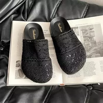 Knitted hollow big head muffin thick bottom bag head drag women s summer new wear breathable small half slippers 35