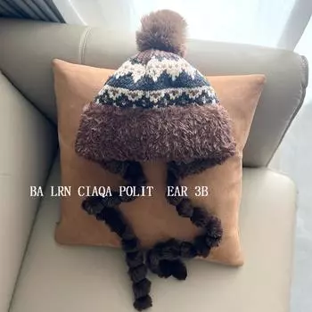 Knitted jacquard strap wool hat women s autumn and winter thickened warm ear protection small hat cold-proof plush hat Adjustable хаки