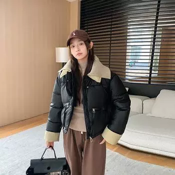 Knitted lapel cropped down cotton jacket women s winter thickened PU leather patchwork padded jacket jacket M