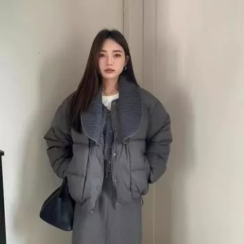 Knitted lapel down jacket women s short 2024 winter new fashion loose splicing warm small bread S белый