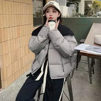 Knitted lapel white duck down jacket women s small loose bread jacket S size 90-60kg серый