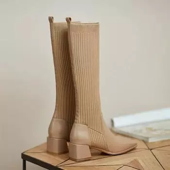 Knitted Leather Socks with High Heels Long Tubed Boots for Women 2024 New Knee Length Elastic Large Plus Velvet High Tubed Boots 35 чёрный