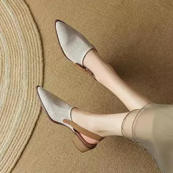 Knitted Mesh Breathable Hollow Out Sandals Women 2025 Summer New Fashion Pointed Thick Heel Sandals Shoes for Women Sandalias 35