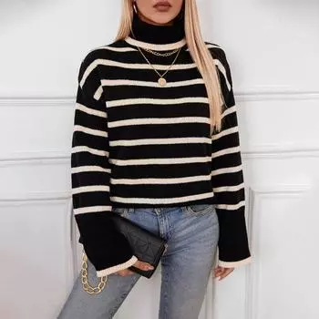 Knitted Pullover Sweater Autumn and Winter Striped Contrasting Loose Slit Turtleneck Sweater for Women S чёрный