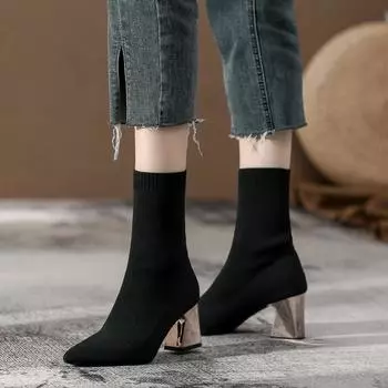 Knitted Skinny Boots Socks Boots Women s 2024 New Spring and Autumn Fleece Warm High Heel Elastic Boots Thick Heel Short Boots Women 35