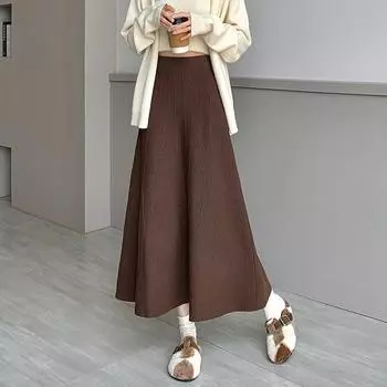 Knitted Skirt Female Autumn and Winter Swing Skirt Mid-length High-waisted Skirt One Size чёрный