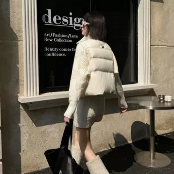 Knitted Sleeve Splicing Down Jacket Women s Short 2024 Winter Fashion Lightweight Stand-up Collar Skinny Casual Warm Jacket Tide S слоновая кость