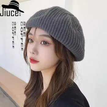 Knitted striped light board beret autumn and winter new simple fashion painter hat Japanese literary trend wool hat women M56-58cm чёрный