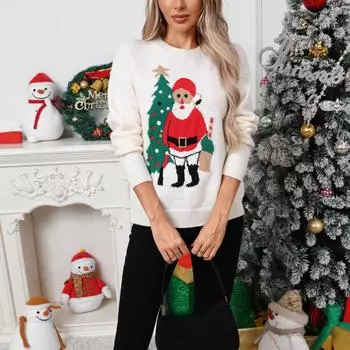 Knitted Sweater Pullover, Round Neck, Casual Jacquard Christmas and New Year Sweater, Plus-size Women s Top S абрикосовый